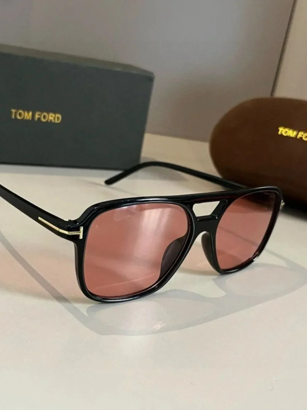 Tom Ford T-shaped Pink-Lens Black-Frame Sunglasses